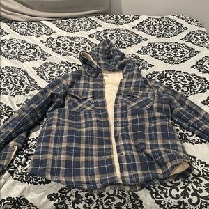 Blue and Tan Plaid Hooded Jacket